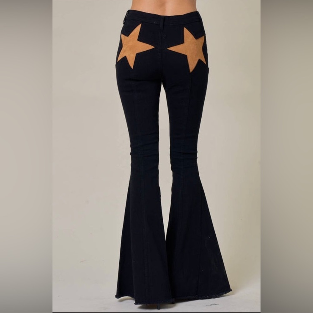 LIKE NEW Black Super Flare Jeans with Faux Suede Stars - Western Boho Style